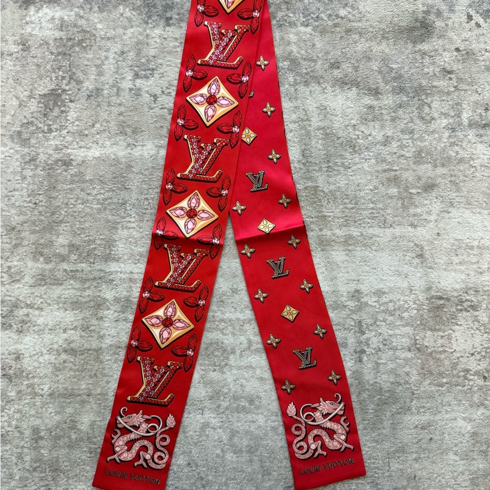 Louis Vuitton Red Monogram Silk Twilly with Gold Accents